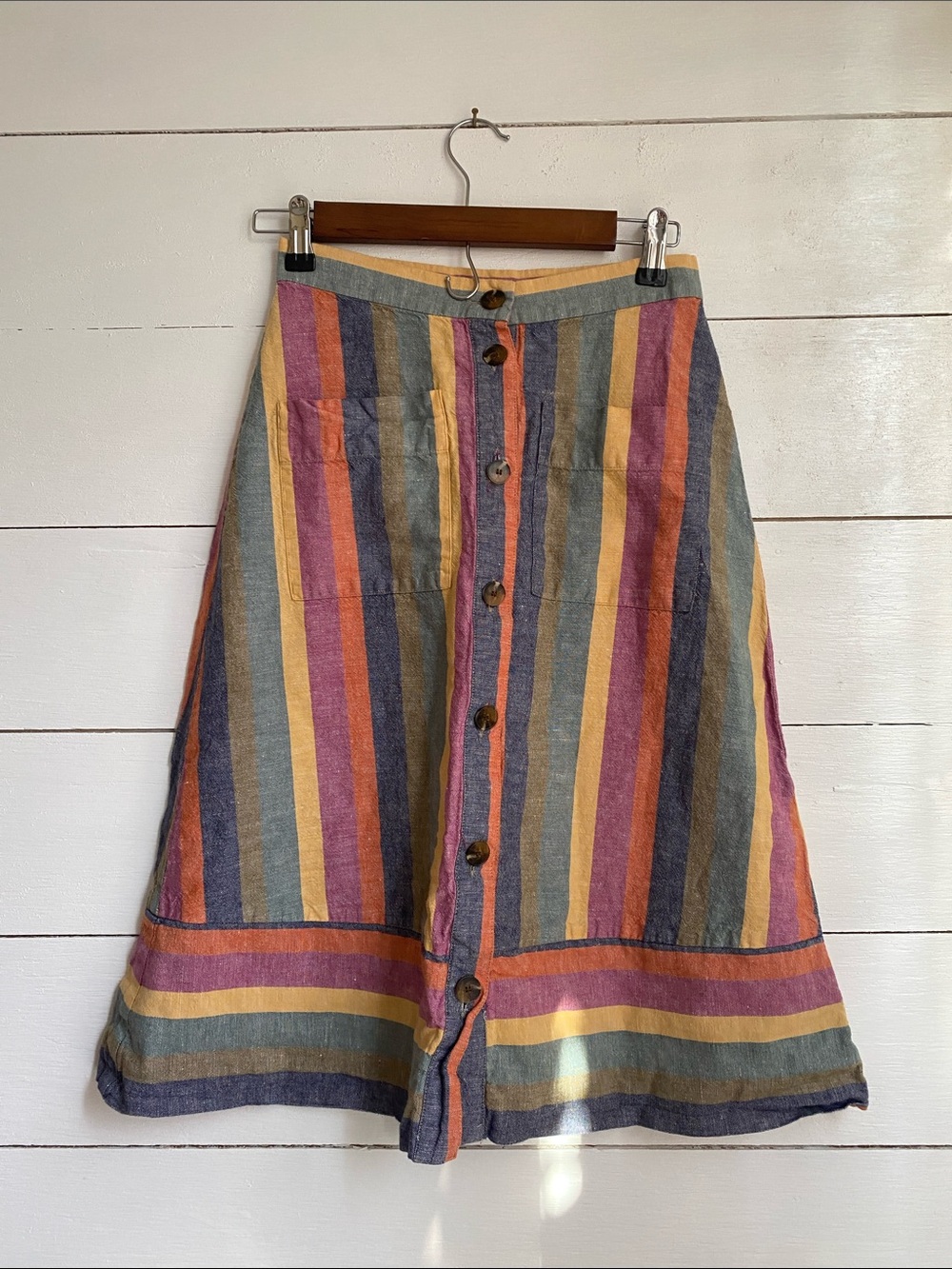 Madewell Multi-Stripe Button-Front A-Line Midi Skirt